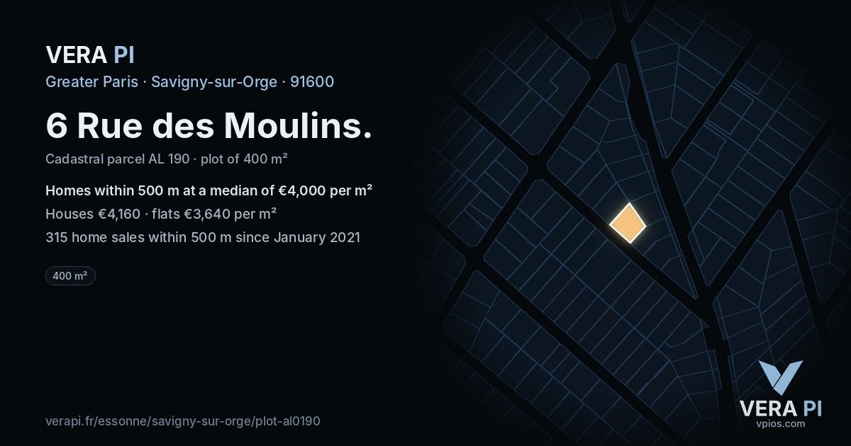 6 Rue des Moulins, Savigny-sur-Orge at night – the plot lit, the parcels around coloured by the prices near them