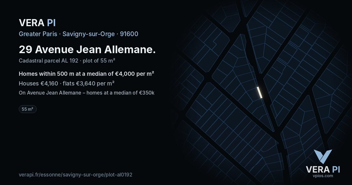 29 Avenue Jean Allemane, Savigny-sur-Orge at night – the plot lit, the parcels around coloured by the prices near them