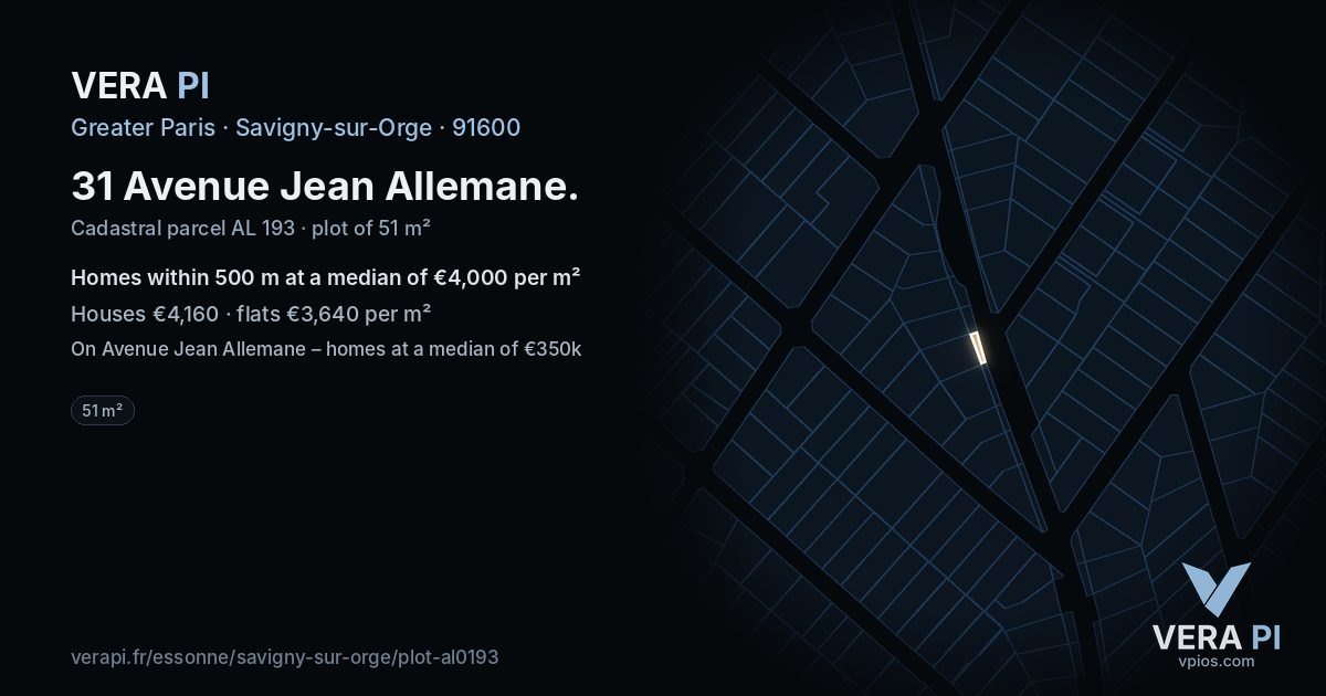 31 Avenue Jean Allemane, Savigny-sur-Orge at night – the plot lit, the parcels around coloured by the prices near them