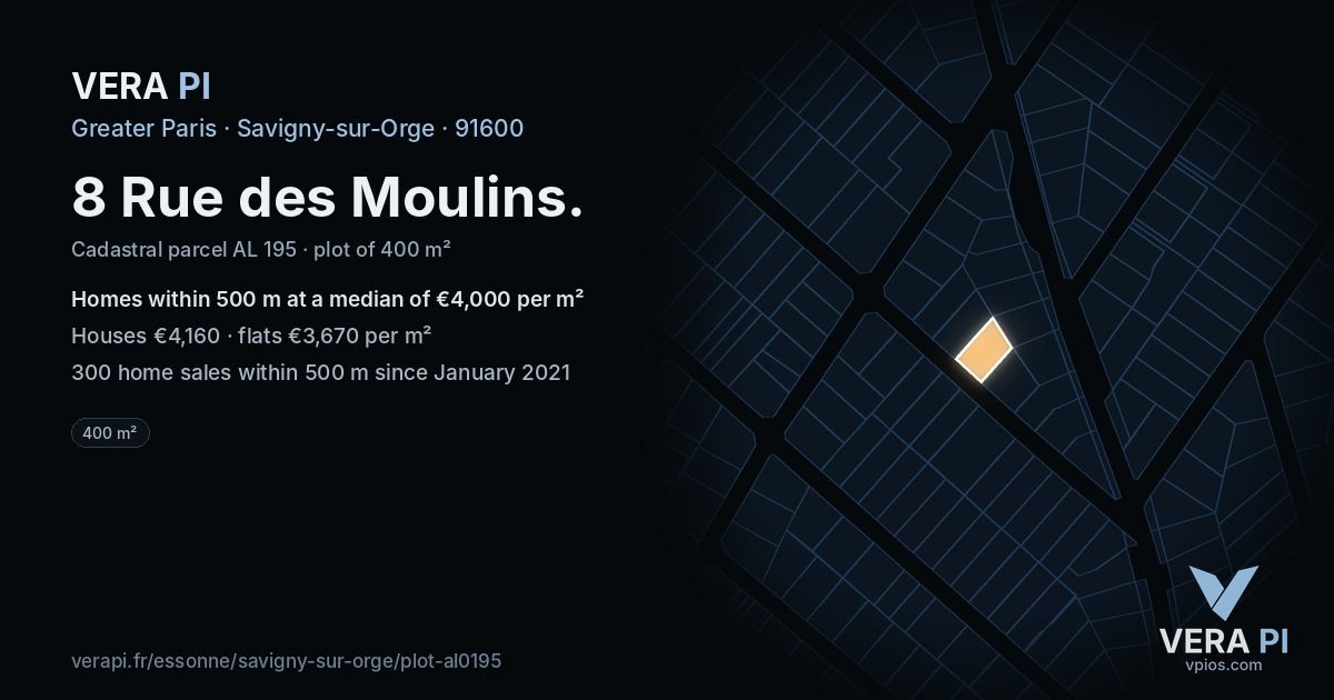 8 Rue des Moulins, Savigny-sur-Orge at night – the plot lit, the parcels around coloured by the prices near them