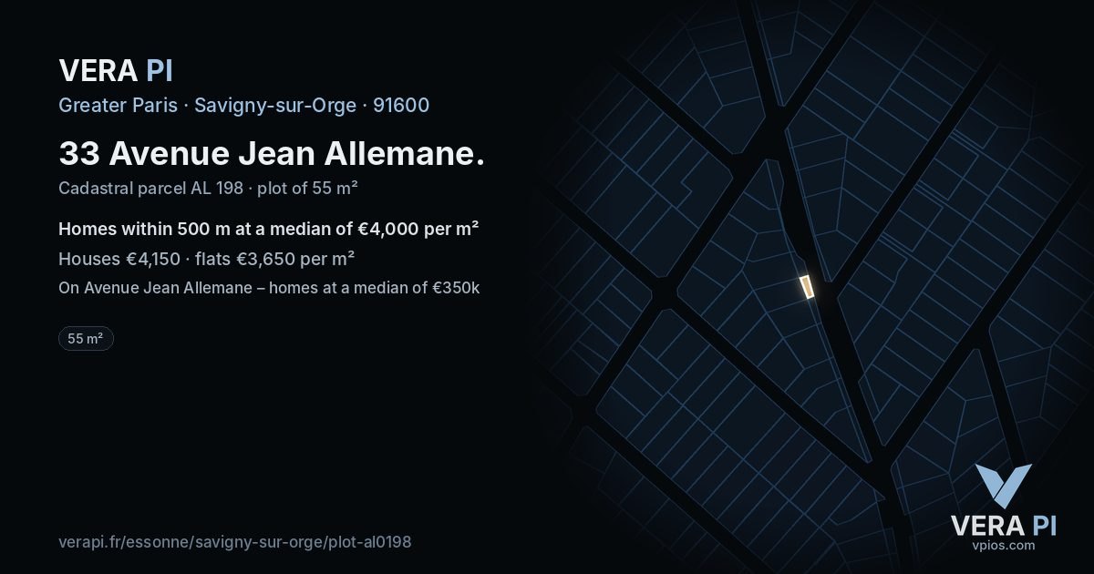33 Avenue Jean Allemane, Savigny-sur-Orge at night – the plot lit, the parcels around coloured by the prices near them