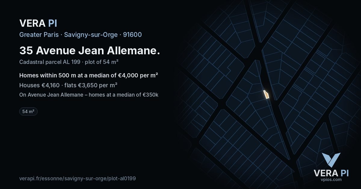 35 Avenue Jean Allemane, Savigny-sur-Orge at night – the plot lit, the parcels around coloured by the prices near them