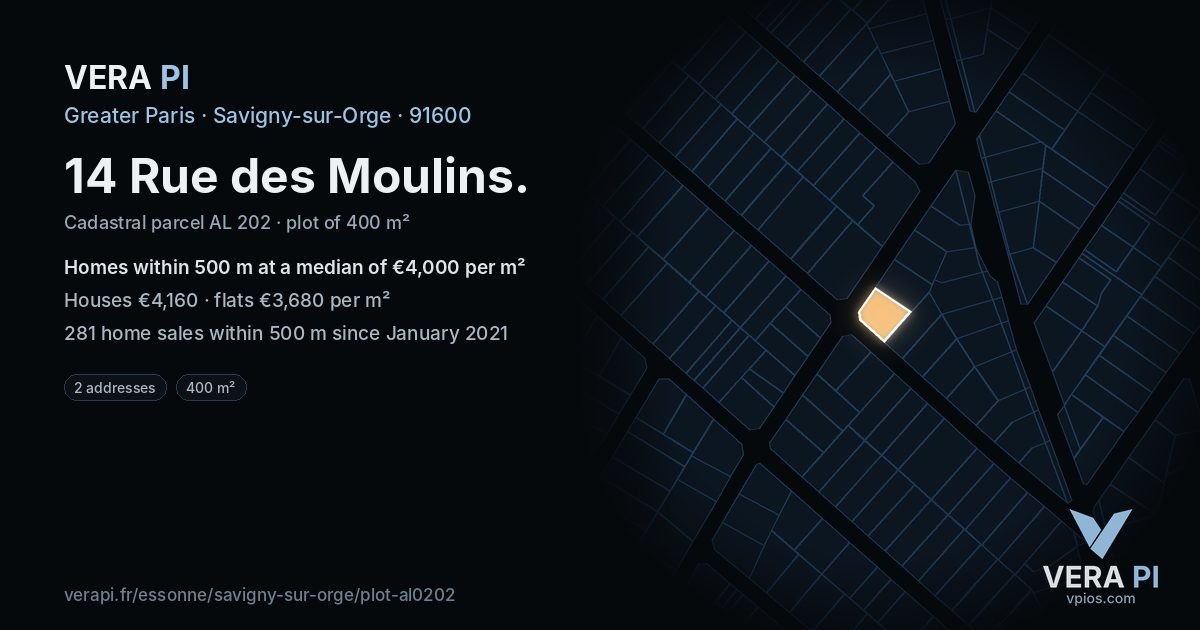 14 Rue des Moulins, Savigny-sur-Orge at night – the plot lit, the parcels around coloured by the prices near them