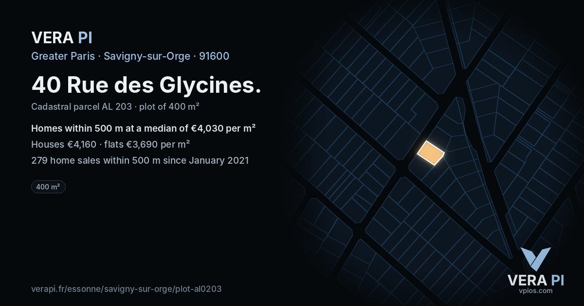 40 Rue des Glycines, Savigny-sur-Orge at night – the plot lit, the parcels around coloured by the prices near them