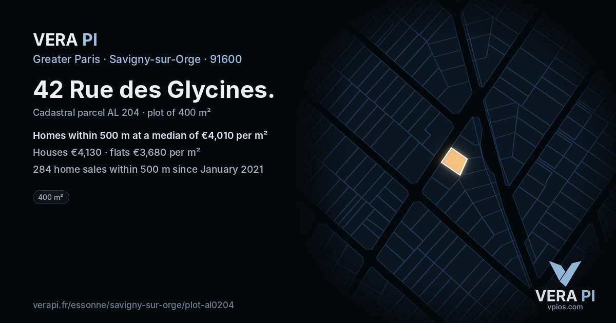 42 Rue des Glycines, Savigny-sur-Orge at night – the plot lit, the parcels around coloured by the prices near them
