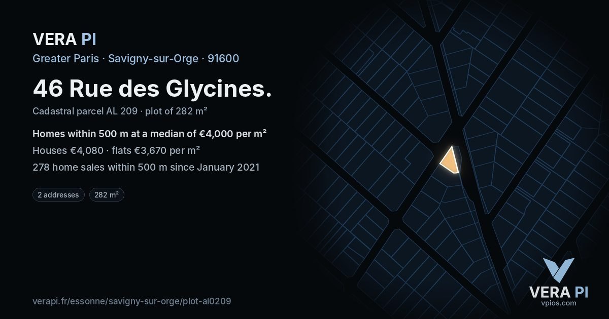 46 Rue des Glycines, Savigny-sur-Orge at night – the plot lit, the parcels around coloured by the prices near them