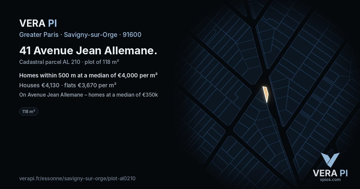 41 Avenue Jean Allemane, Savigny-sur-Orge at night – the plot lit, the parcels around coloured by the prices near them