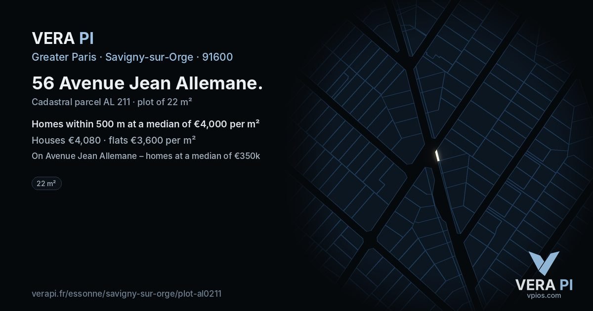 56 Avenue Jean Allemane, Savigny-sur-Orge at night – the plot lit, the parcels around coloured by the prices near them