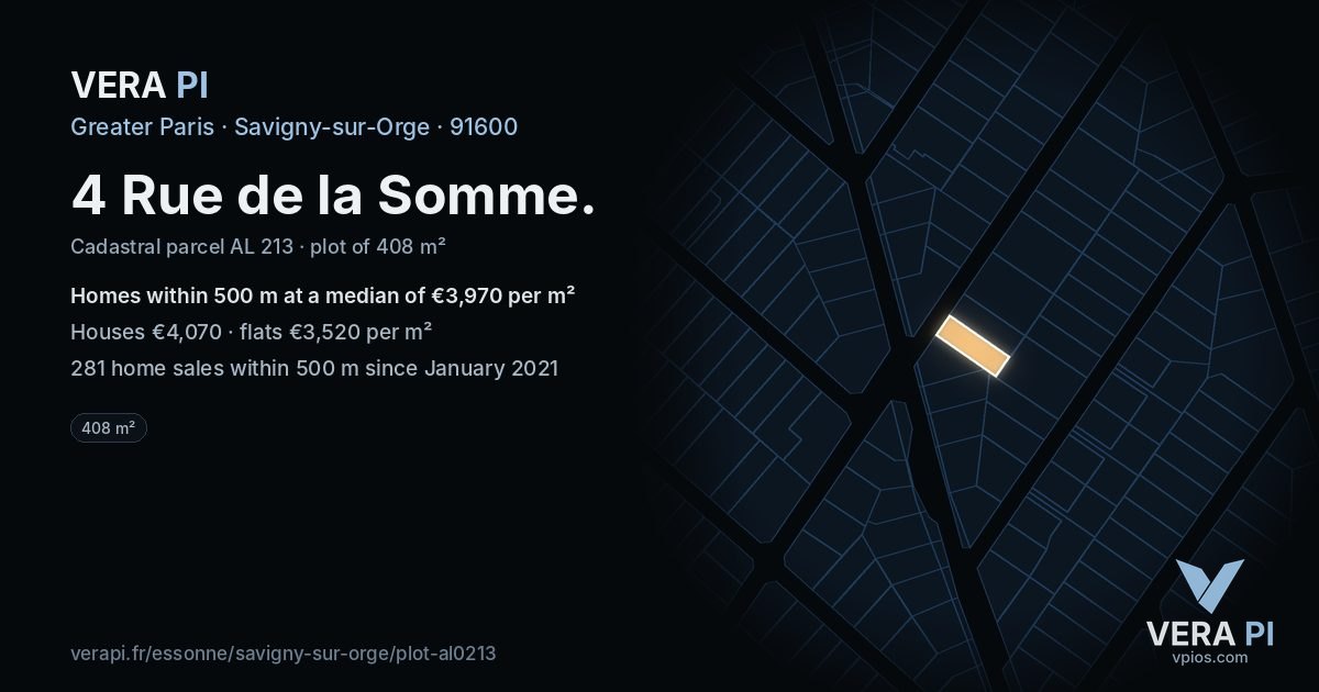 4 Rue de la Somme, Savigny-sur-Orge at night – the plot lit, the parcels around coloured by the prices near them