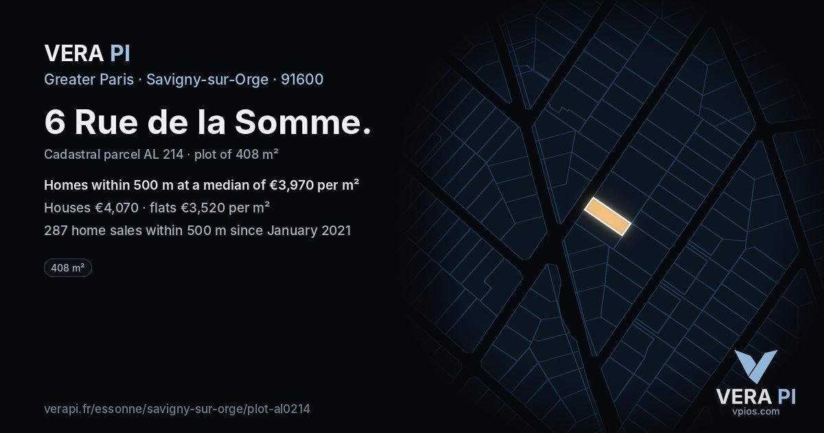 6 Rue de la Somme, Savigny-sur-Orge at night – the plot lit, the parcels around coloured by the prices near them