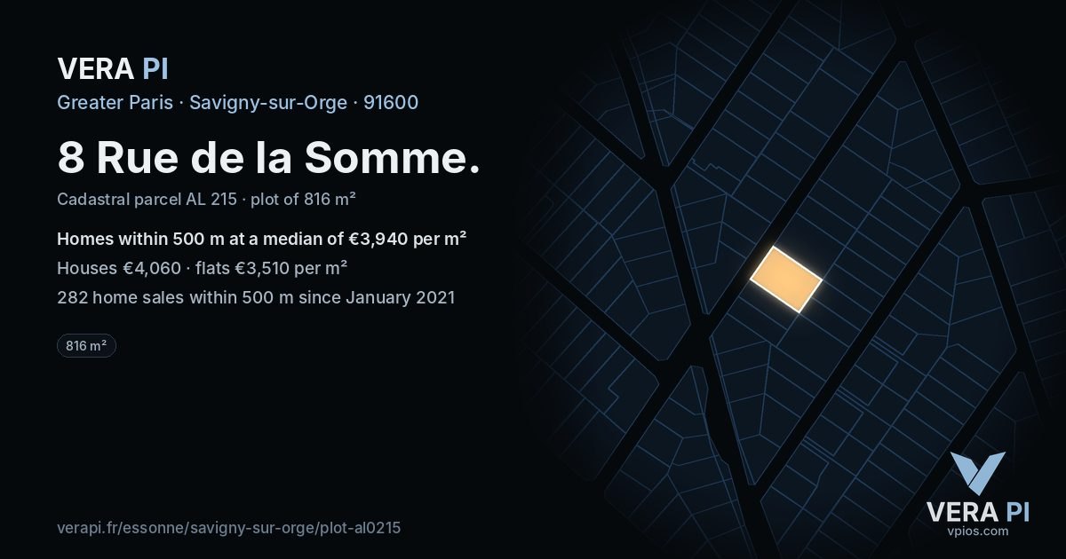 8 Rue de la Somme, Savigny-sur-Orge at night – the plot lit, the parcels around coloured by the prices near them