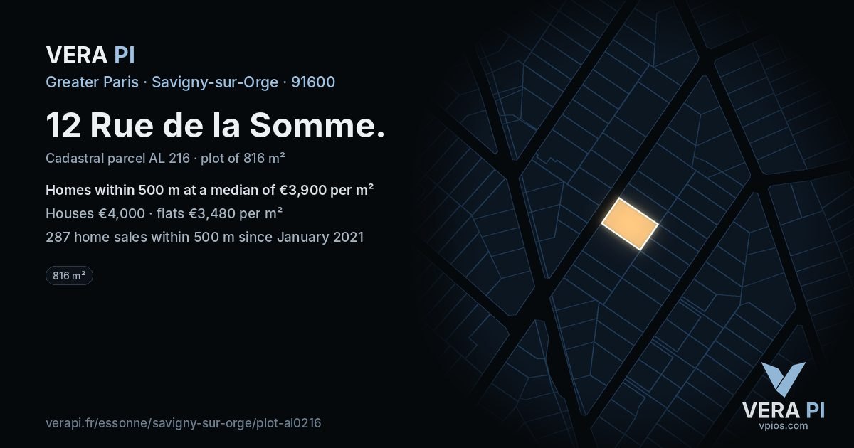 12 Rue de la Somme, Savigny-sur-Orge at night – the plot lit, the parcels around coloured by the prices near them