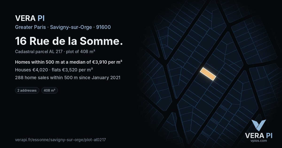 16 Rue de la Somme, Savigny-sur-Orge at night – the plot lit, the parcels around coloured by the prices near them