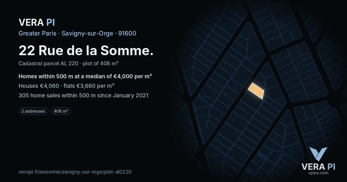 22 Rue de la Somme, Savigny-sur-Orge at night – the plot lit, the parcels around coloured by the prices near them
