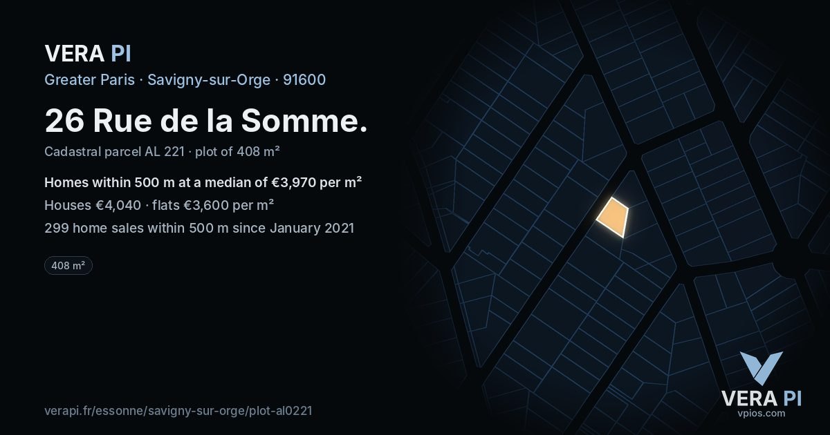 26 Rue de la Somme, Savigny-sur-Orge at night – the plot lit, the parcels around coloured by the prices near them