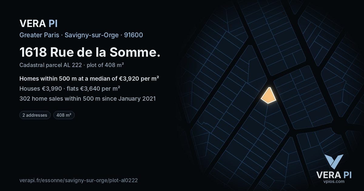 1618 Rue de la Somme, Savigny-sur-Orge at night – the plot lit, the parcels around coloured by the prices near them