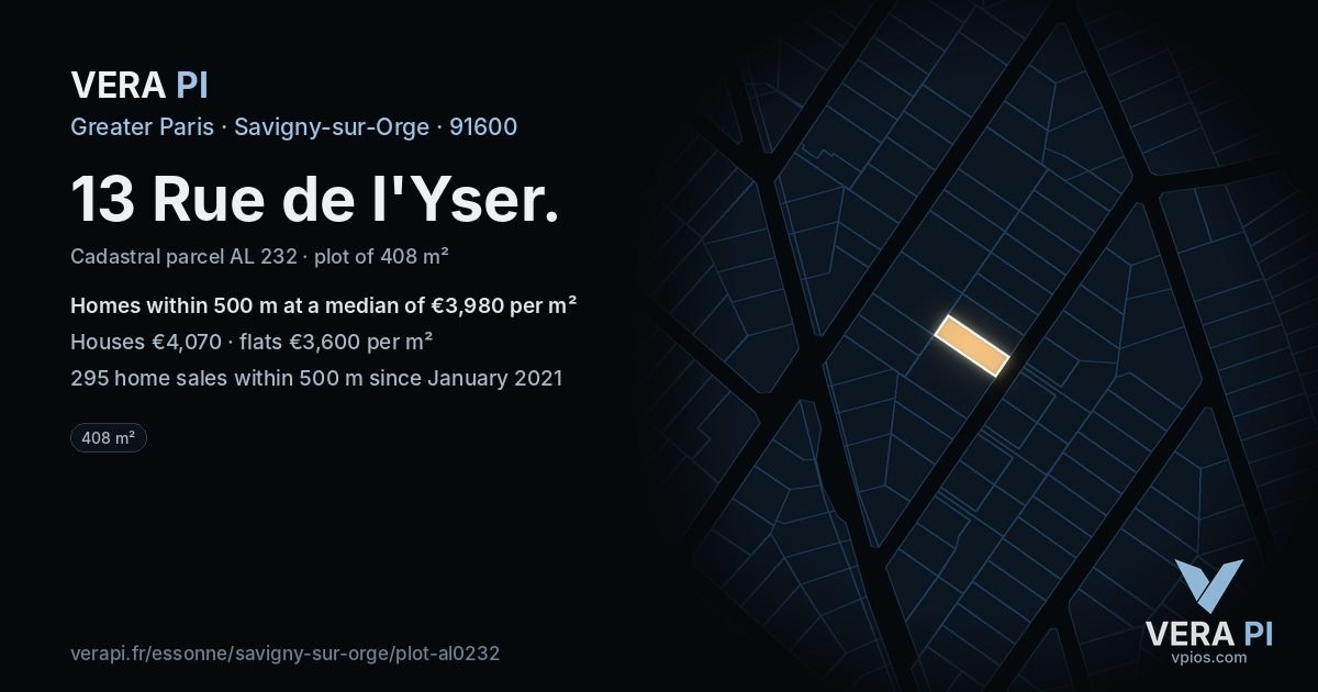 13 Rue de l'Yser, Savigny-sur-Orge at night – the plot lit, the parcels around coloured by the prices near them
