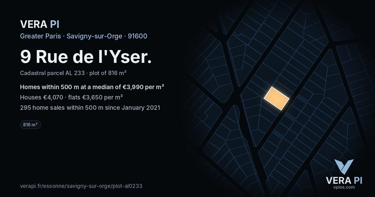 9 Rue de l'Yser, Savigny-sur-Orge at night – the plot lit, the parcels around coloured by the prices near them