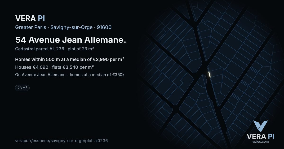 54 Avenue Jean Allemane, Savigny-sur-Orge at night – the plot lit, the parcels around coloured by the prices near them