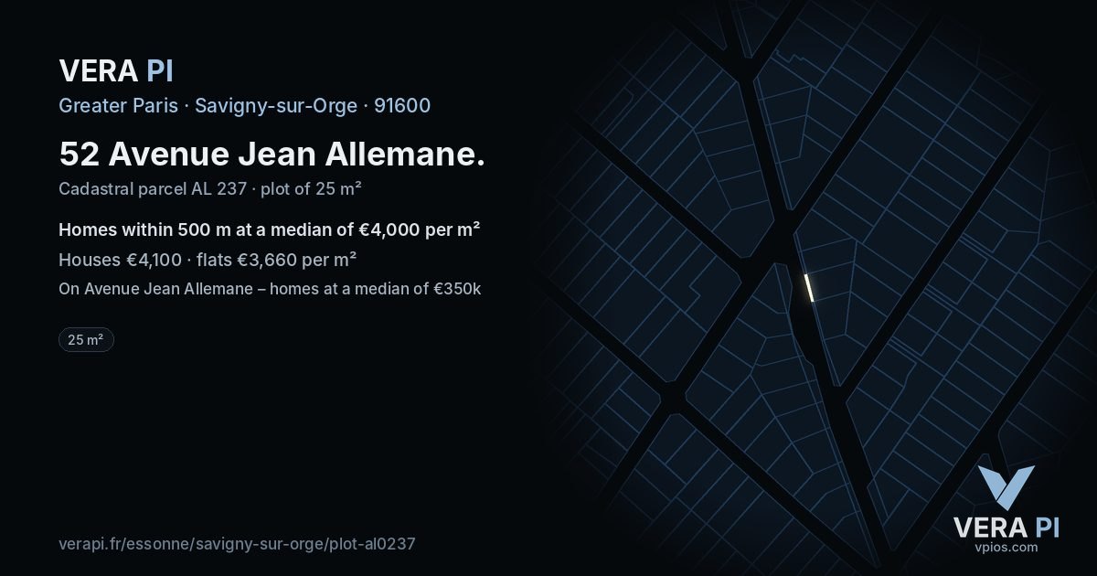 52 Avenue Jean Allemane, Savigny-sur-Orge at night – the plot lit, the parcels around coloured by the prices near them