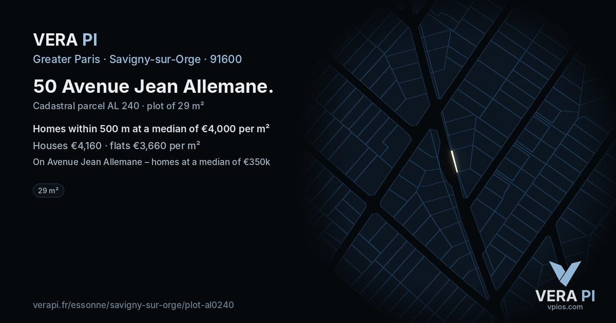 50 Avenue Jean Allemane, Savigny-sur-Orge at night – the plot lit, the parcels around coloured by the prices near them