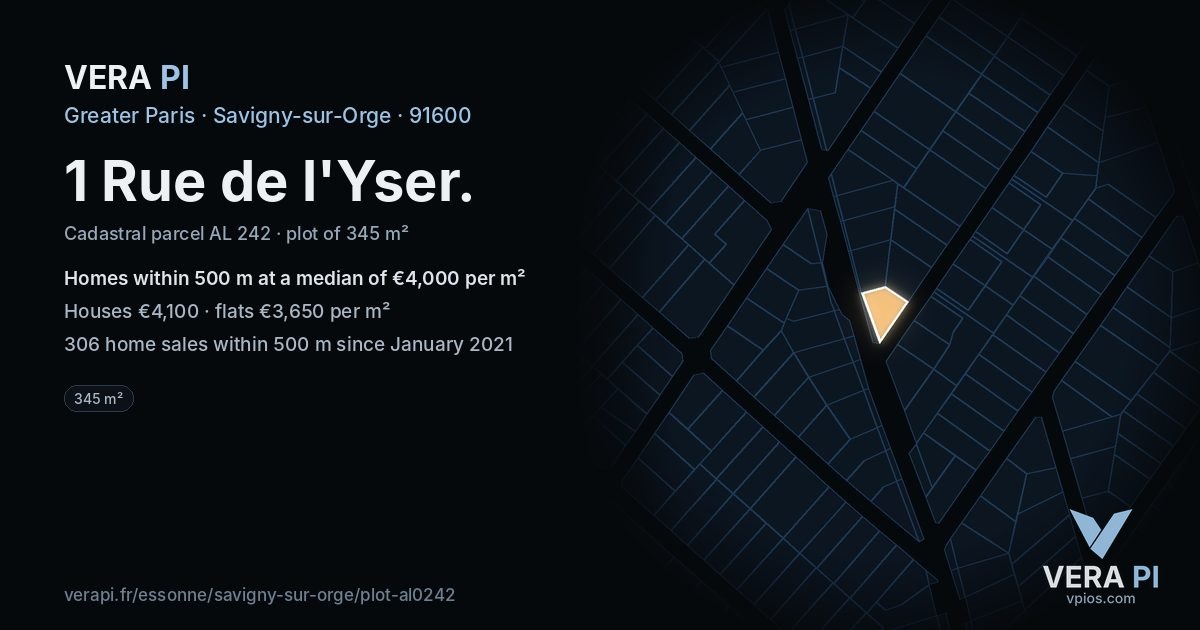 1 Rue de l'Yser, Savigny-sur-Orge at night – the plot lit, the parcels around coloured by the prices near them