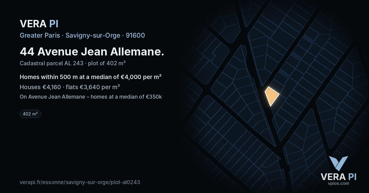 44 Avenue Jean Allemane, Savigny-sur-Orge at night – the plot lit, the parcels around coloured by the prices near them