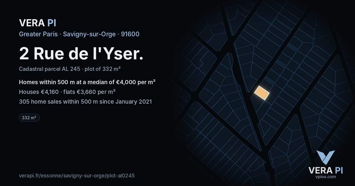 2 Rue de l'Yser, Savigny-sur-Orge at night – the plot lit, the parcels around coloured by the prices near them