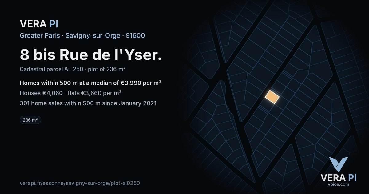 8 bis Rue de l'Yser, Savigny-sur-Orge at night – the plot lit, the parcels around coloured by the prices near them