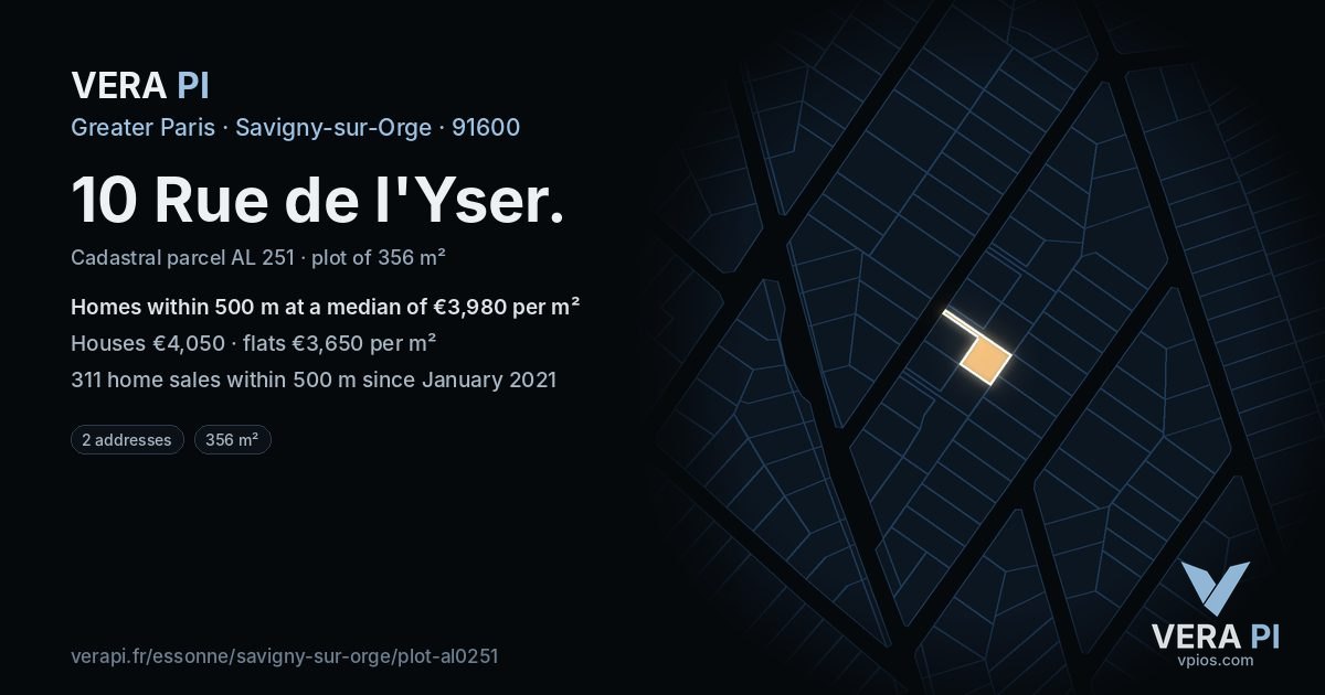 10 Rue de l'Yser, Savigny-sur-Orge at night – the plot lit, the parcels around coloured by the prices near them