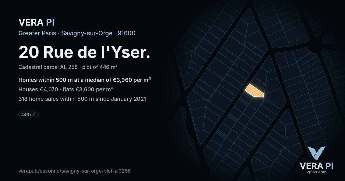 20 Rue de l'Yser, Savigny-sur-Orge at night – the plot lit, the parcels around coloured by the prices near them