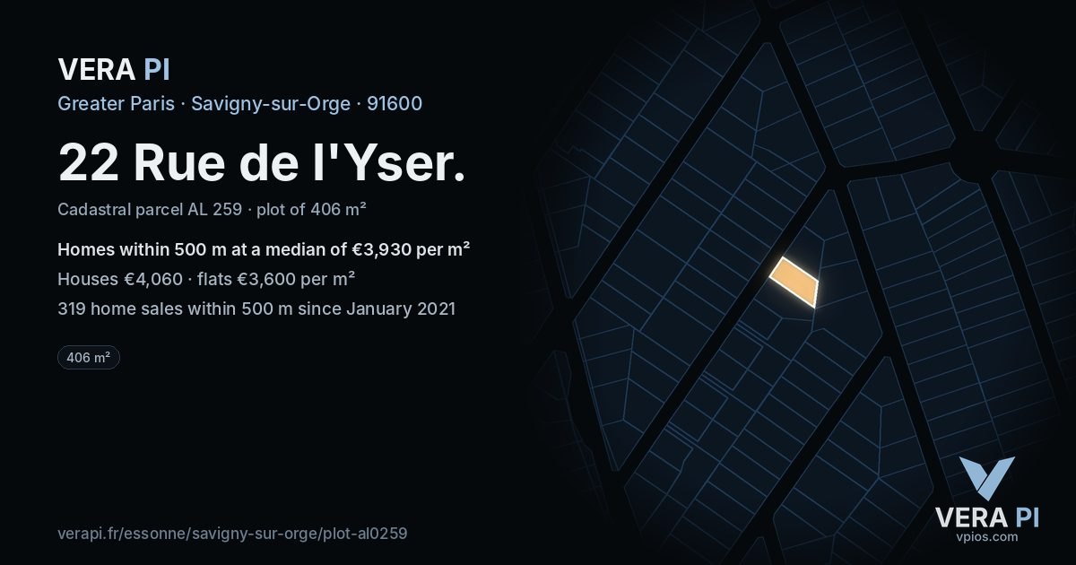 22 Rue de l'Yser, Savigny-sur-Orge at night – the plot lit, the parcels around coloured by the prices near them