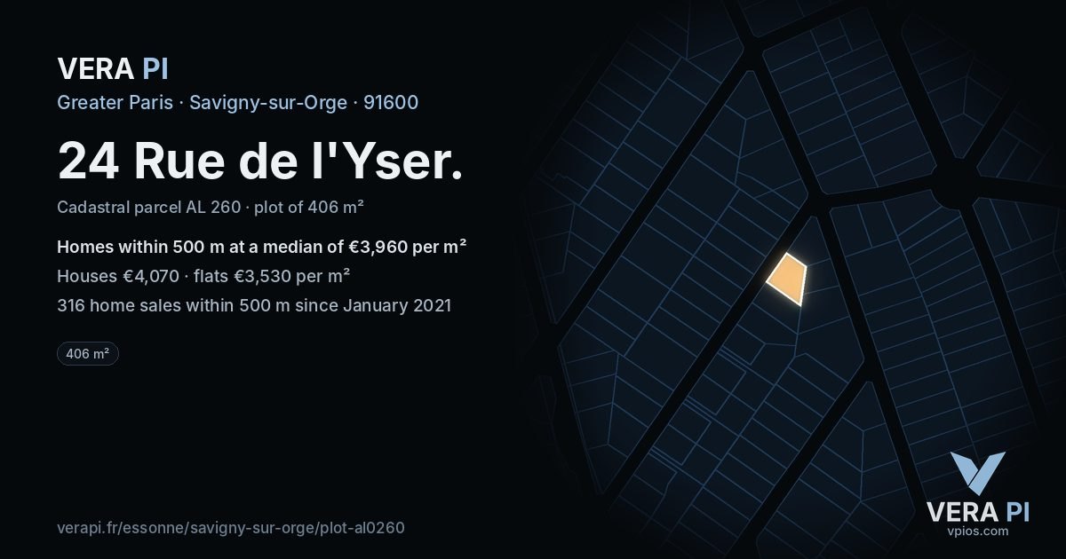24 Rue de l'Yser, Savigny-sur-Orge at night – the plot lit, the parcels around coloured by the prices near them