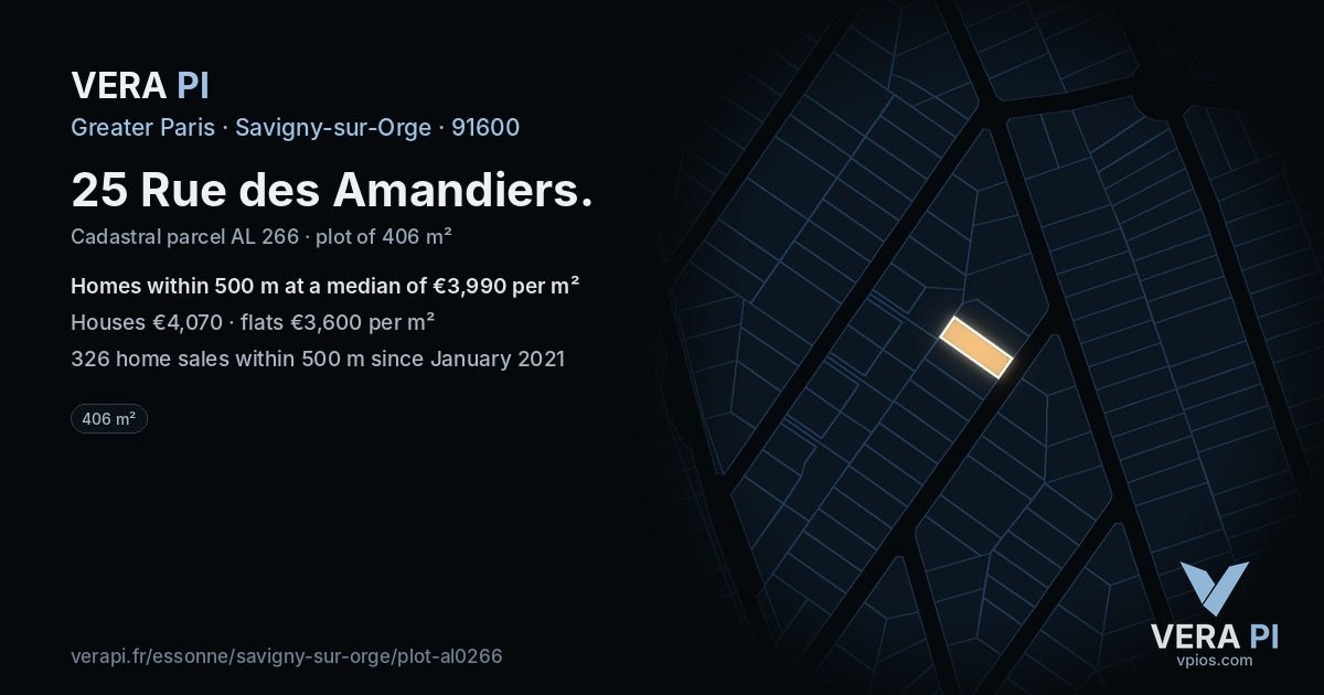 25 Rue des Amandiers, Savigny-sur-Orge at night – the plot lit, the parcels around coloured by the prices near them
