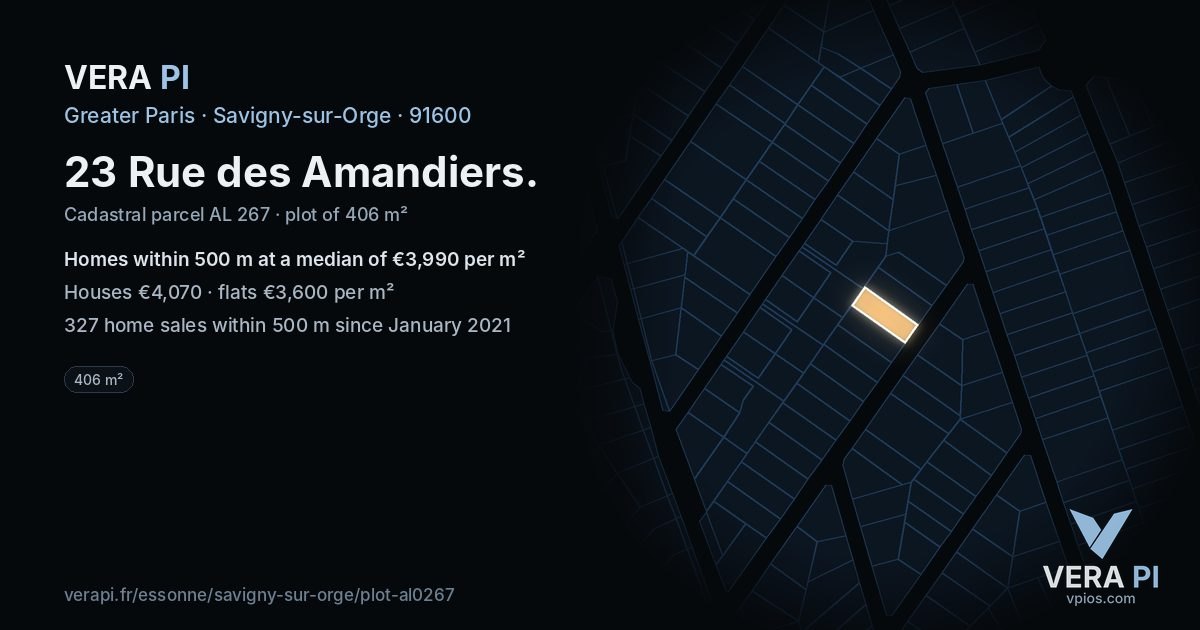 23 Rue des Amandiers, Savigny-sur-Orge at night – the plot lit, the parcels around coloured by the prices near them