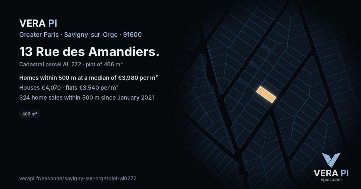 13 Rue des Amandiers, Savigny-sur-Orge at night – the plot lit, the parcels around coloured by the prices near them