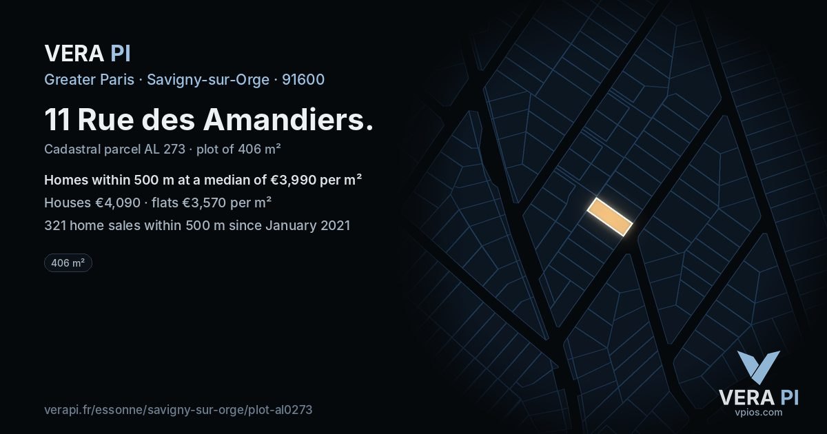11 Rue des Amandiers, Savigny-sur-Orge at night – the plot lit, the parcels around coloured by the prices near them