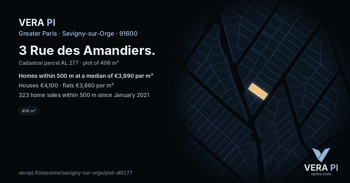 3 Rue des Amandiers, Savigny-sur-Orge at night – the plot lit, the parcels around coloured by the prices near them