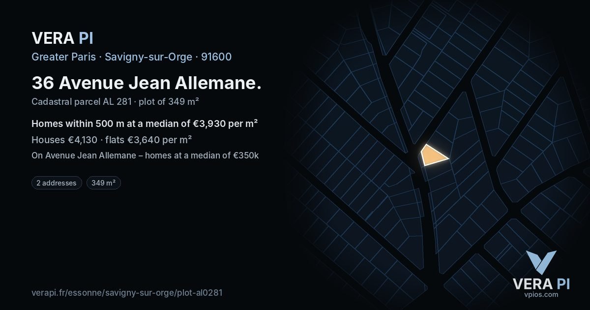 36 Avenue Jean Allemane, Savigny-sur-Orge at night – the plot lit, the parcels around coloured by the prices near them
