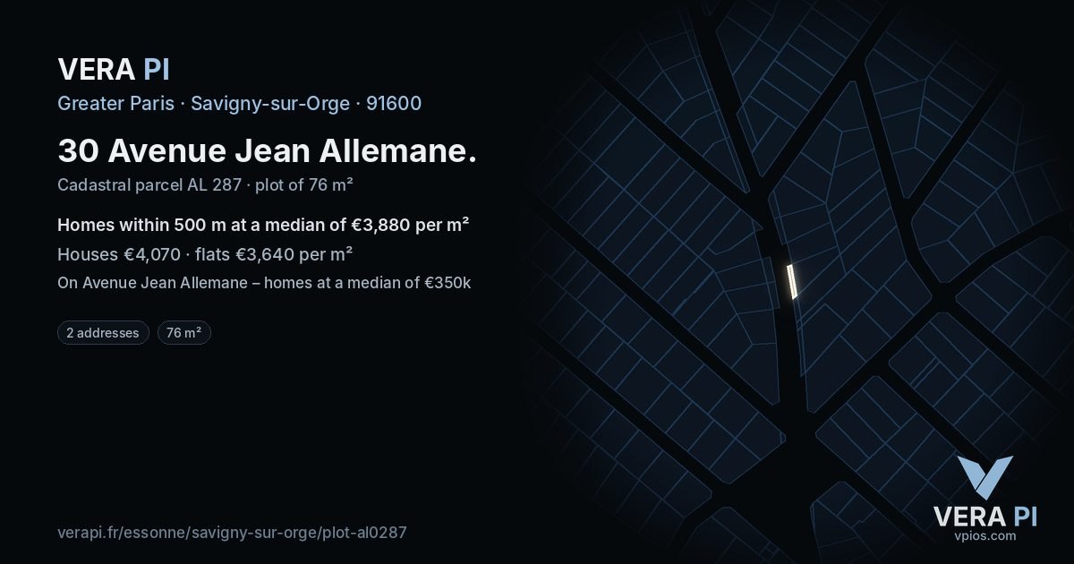 30 Avenue Jean Allemane, Savigny-sur-Orge at night – the plot lit, the parcels around coloured by the prices near them