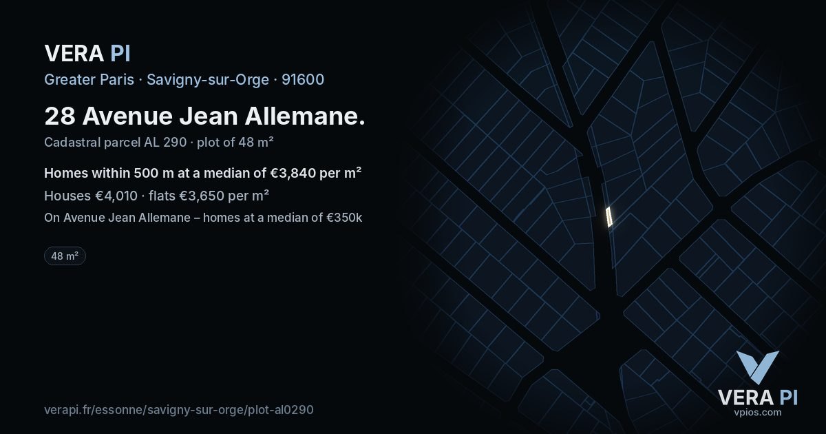 28 Avenue Jean Allemane, Savigny-sur-Orge at night – the plot lit, the parcels around coloured by the prices near them