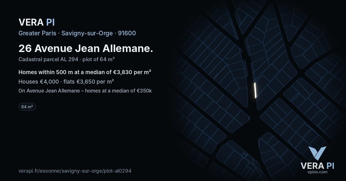 26 Avenue Jean Allemane, Savigny-sur-Orge at night – the plot lit, the parcels around coloured by the prices near them