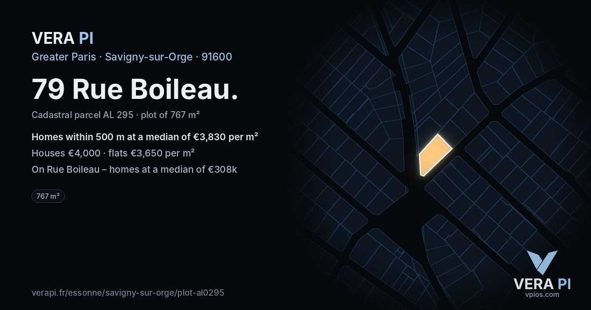 79 Rue Boileau, Savigny-sur-Orge at night – the plot lit, the parcels around coloured by the prices near them