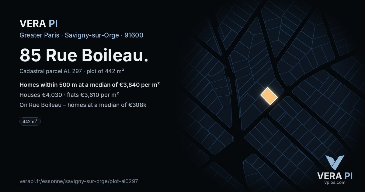 85 Rue Boileau, Savigny-sur-Orge at night – the plot lit, the parcels around coloured by the prices near them