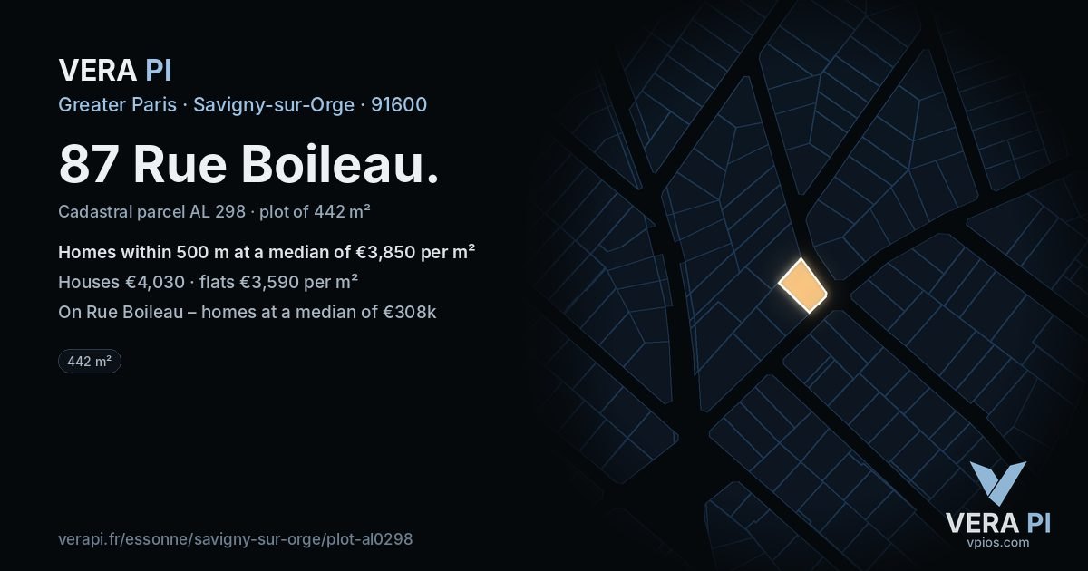 87 Rue Boileau, Savigny-sur-Orge at night – the plot lit, the parcels around coloured by the prices near them