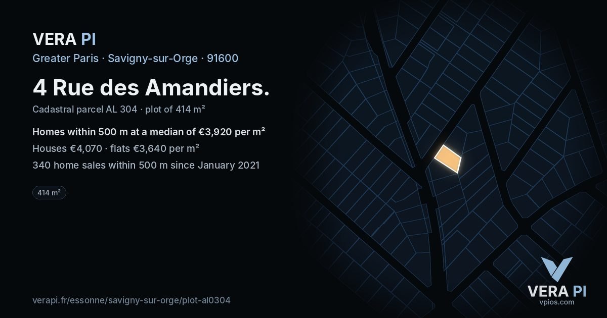 4 Rue des Amandiers, Savigny-sur-Orge at night – the plot lit, the parcels around coloured by the prices near them