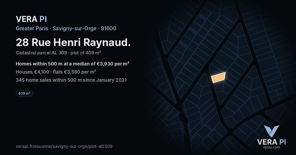 28 Rue Henri Raynaud, Savigny-sur-Orge at night – the plot lit, the parcels around coloured by the prices near them