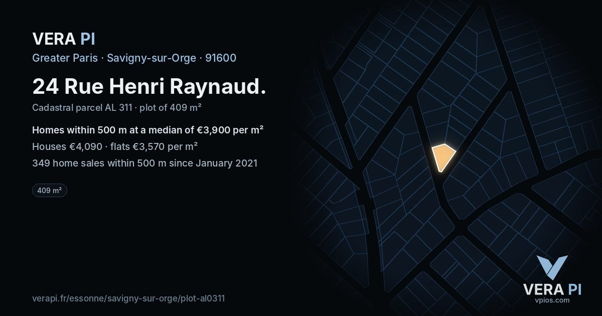 24 Rue Henri Raynaud, Savigny-sur-Orge at night – the plot lit, the parcels around coloured by the prices near them