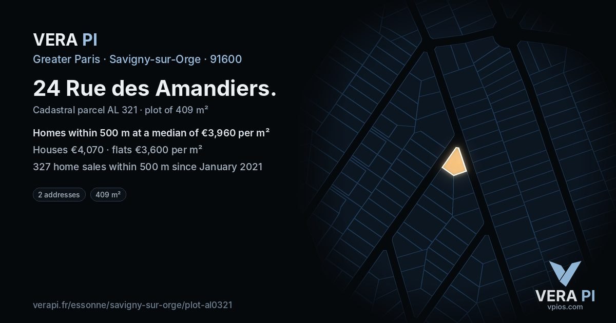 24 Rue des Amandiers, Savigny-sur-Orge at night – the plot lit, the parcels around coloured by the prices near them