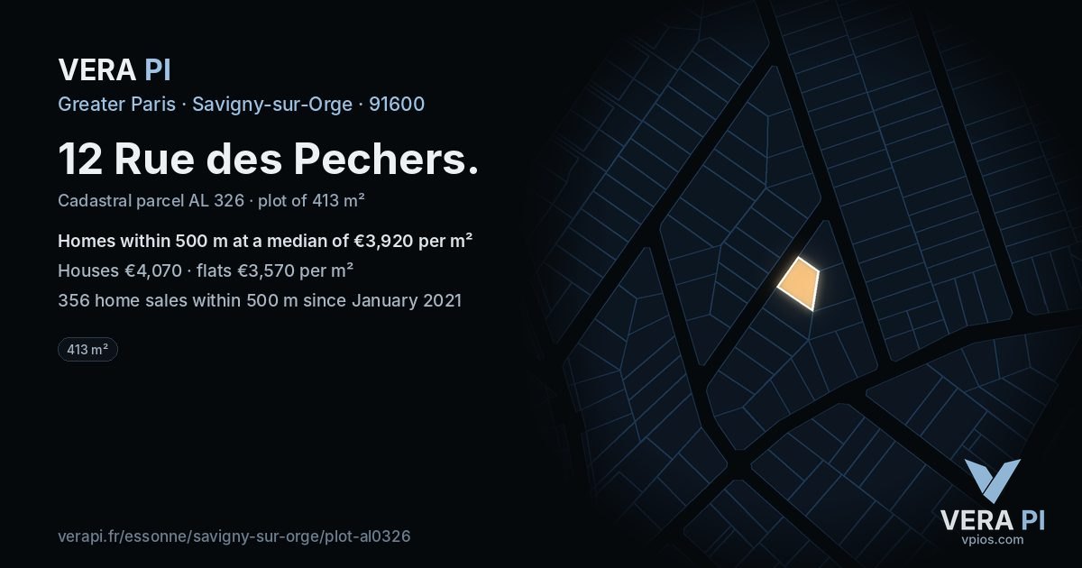 12 Rue des Pechers, Savigny-sur-Orge at night – the plot lit, the parcels around coloured by the prices near them